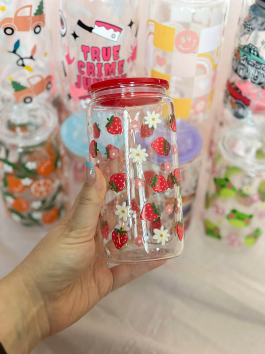 Strawberry Glass Can Cup with red lid / Verre A Motif De Fraises Avec Couvercles Rouge