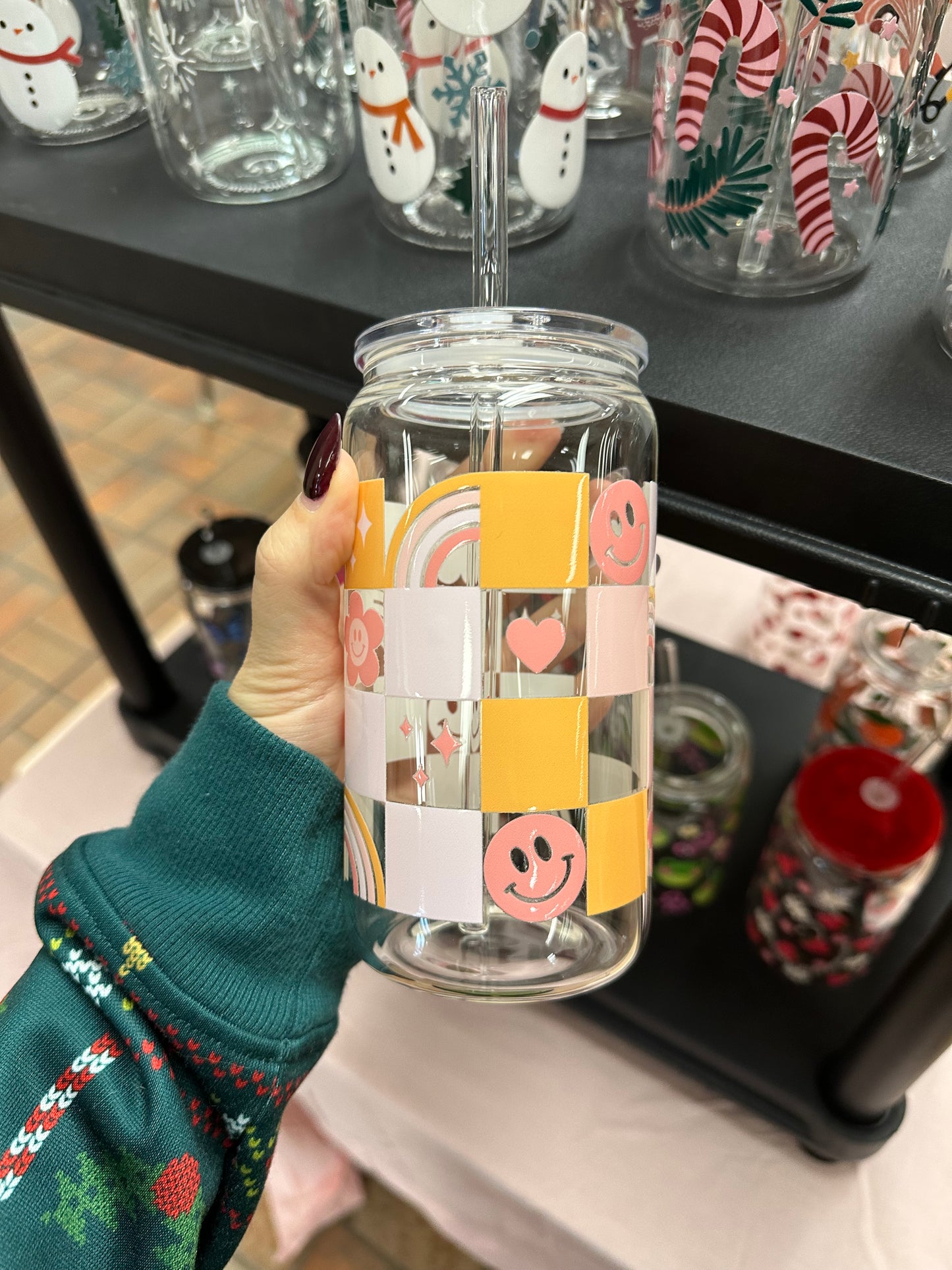 Checkered Smiley's Glass Can Cup /  Verre À Carreaux Smiley