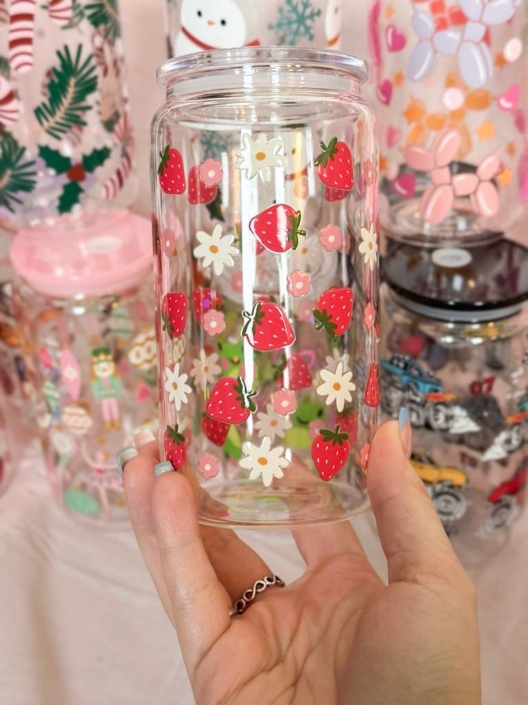 Strawberry Glass Can Cup / Verre Avec Motif De Fraises