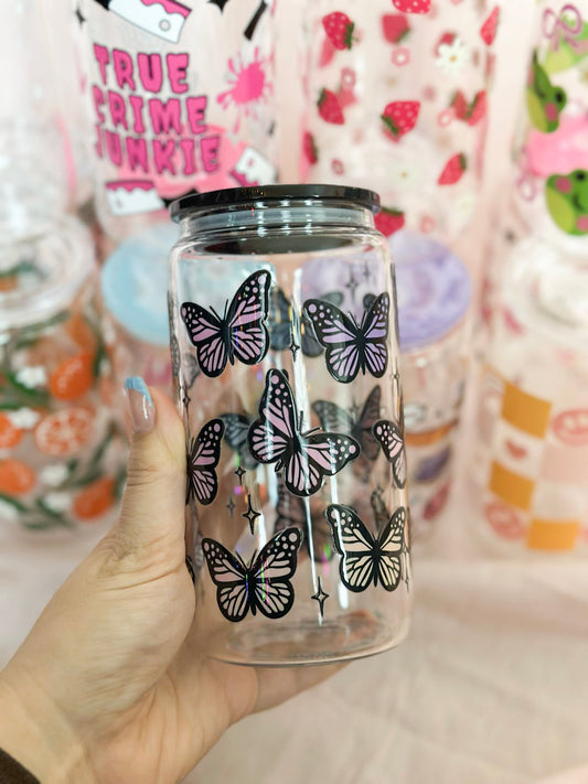 Multicolour Butterfly Glass Can Cup  / Papillon Multicolore