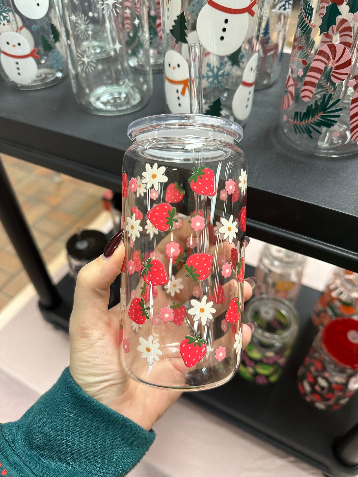 Strawberry Glass Can Cup / Verre Avec Motif De Fraises